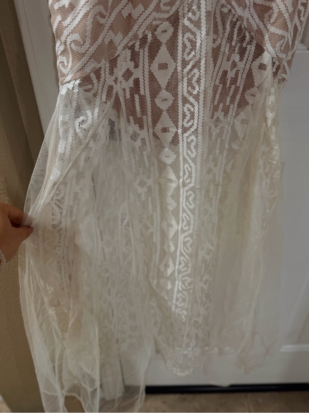 New Luxxel Ivory and Nude Sheer Lace Maxi Gown - Picture 4 of 7